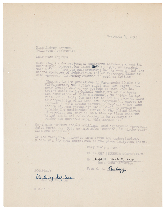 Lot 645 Audrey Hepburn Early Signed Movie Document with Paramount Pictures (1953) - Two Months After the Premiere of Roman Holiday