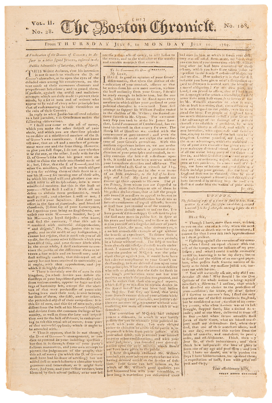 Lot 362 Revolutionary War: The Boston Chronicle from July 10, 1769, with Complaints on Taxation, British Troops in Boston, and Governor Bernard