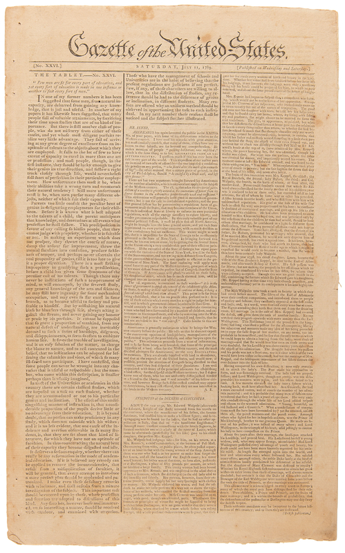 Lot 364 Independence Day: Gazette of the United States from July 11, 1789, Reporting on July 4th Independence Day Celebrations