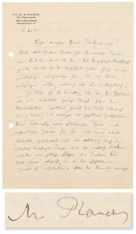 Lot 168 Max Planck War-Dated Autograph Letter Signed on Nazi Attacks on Einstein?s Theory of Relativity - ?This attack on a scientific theory for popular political reasons has always had something ridiculous for me?