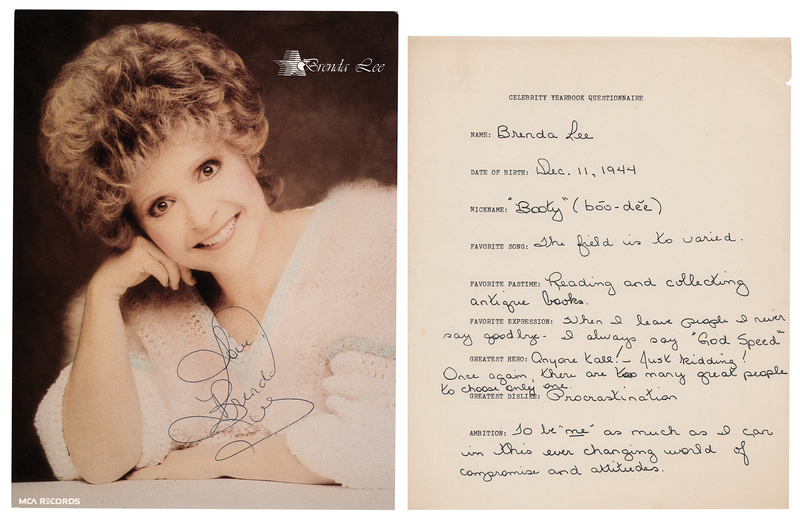 Lot 632 Brenda Lee Signed Photograph and Signed Questionnaire