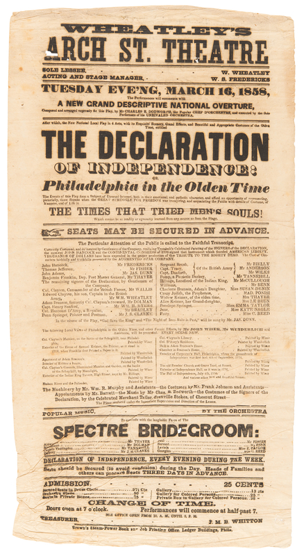 Lot 184 John Wilkes Booth Original Broadside for ?The Declaration of Independence: Philadelphia in the Olden Time? (Wheatley's Arch Street Theatre in Philadelphia, March 16, 1858)