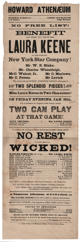 Lot 709 Laura Keene Original Howard Athenæum Broadside (Boston, Mass., January 30, 1863) - 5.75? x 18?