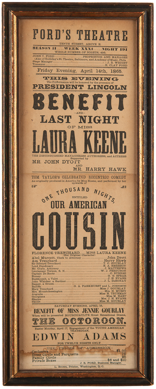 Lot 728 Lincoln Assassination: Ford's Theatre Broadside (Period Reproduction)