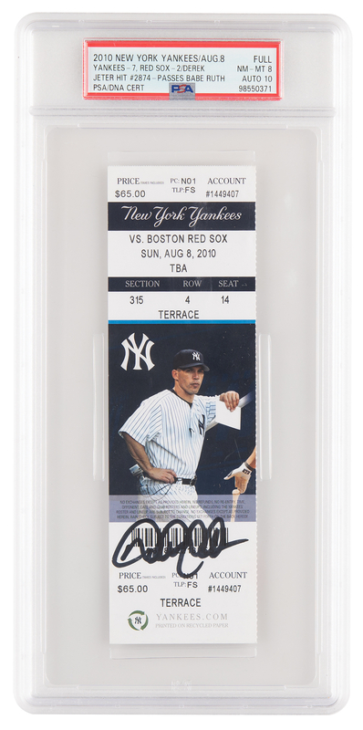 Lot 794 Derek Jeter Signed Ticket (August 8, 2010, Passes Babe Ruth on All-Time Hits List) - PSA FULL NM-MT 8/AUTO 10