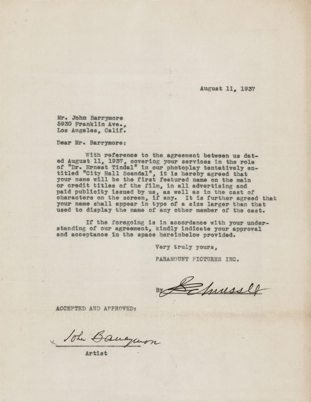 Lot 659 John Barrymore Document Signed