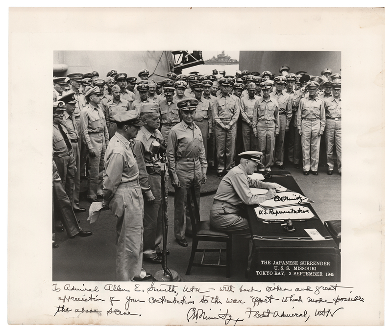 Lot 285 Chester Nimitz Signed Photograph of Japanese Surrender - Presented to a Prestigious Rear Admiral
