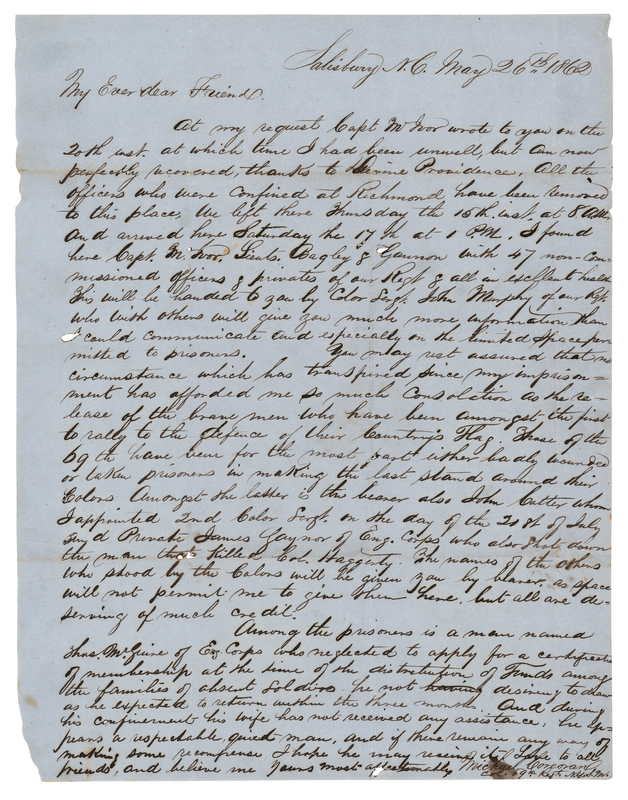 Lot 337 Michael Corcoran War-Dated Autograph Letter Signed from the Salisbury Confederate Prison (May 26, 1862)
