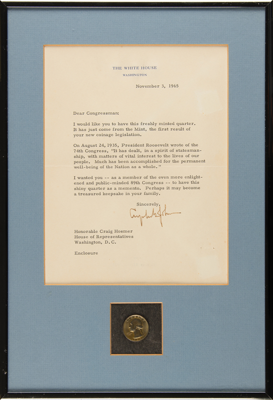 Lot 77 Lyndon B. Johnson Typed Letter Signed as President with Gift 1965 Quarter to a California Congressman