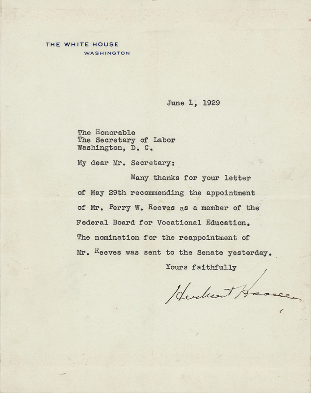 Lot 70 Herbert Hoover Typed Letter Signed as President to the Secretary of Labor