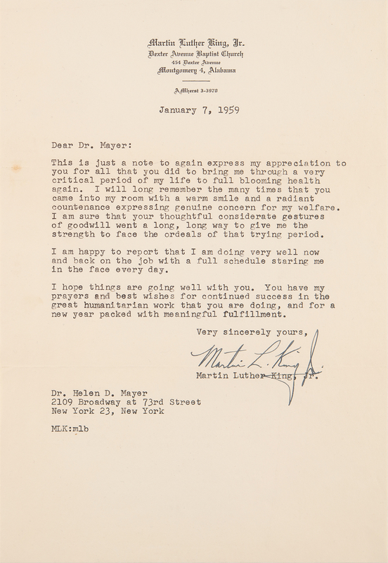 Lot 160 Martin Luther King, Jr. Letter Signed to a Harlem Hospital Doctor After an Assassination Attempt: 