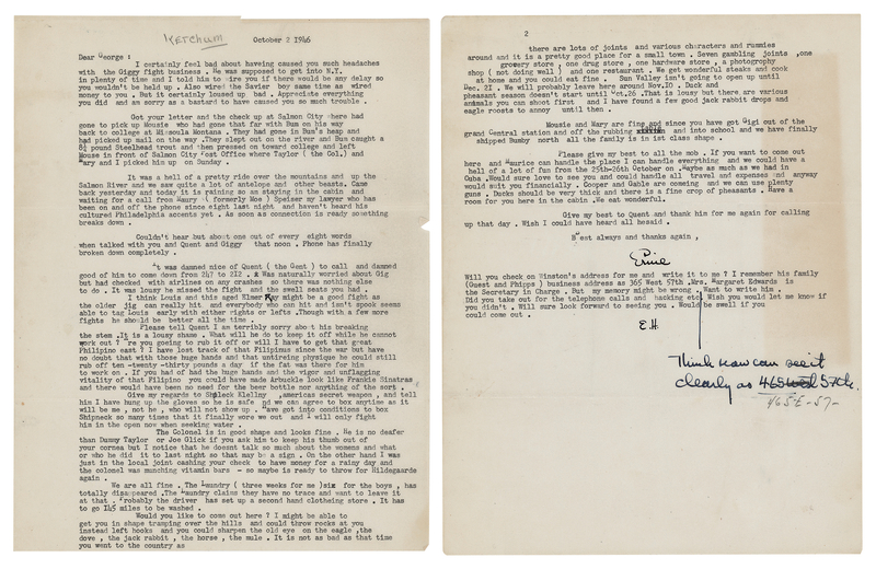 Lot 466 Ernest Hemingway Typed Letter Signed on Boxing, Hunting, and Ketchum, Idaho: 