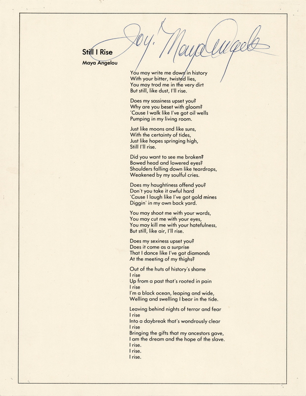Lot 469 Maya Angelou Signed Poem - 'Still I Rise'