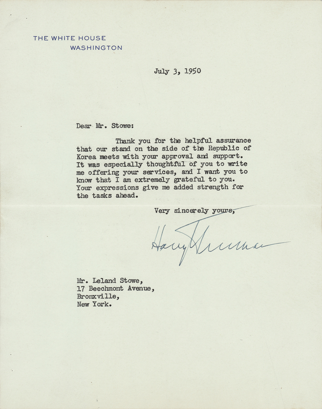 Lot 115 Harry S. Truman Typed Letter Signed as President on the Outbreak of the Korean War