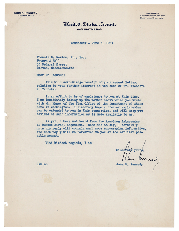 Lot 34 John F. Kennedy Typed Letter Signed on the Case of a Bulgarian Asylum Seeker