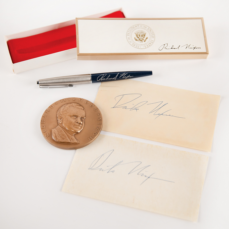 Lot 90 Richard Nixon (4) Items - Two Signatures, Parker 'Bill Signer' Pen, and Bronze Medal