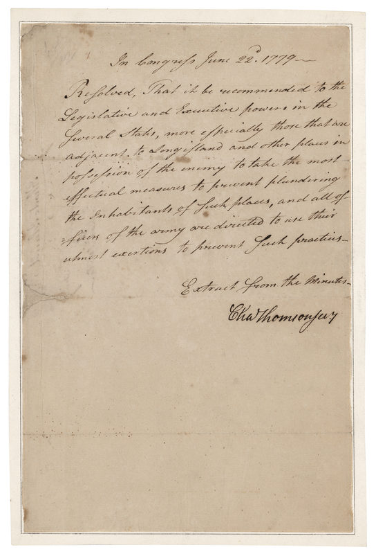 Lot 258 Charles Thomson Revolutionary War-Dated Document Signed (1779), Warning Against British Raids 