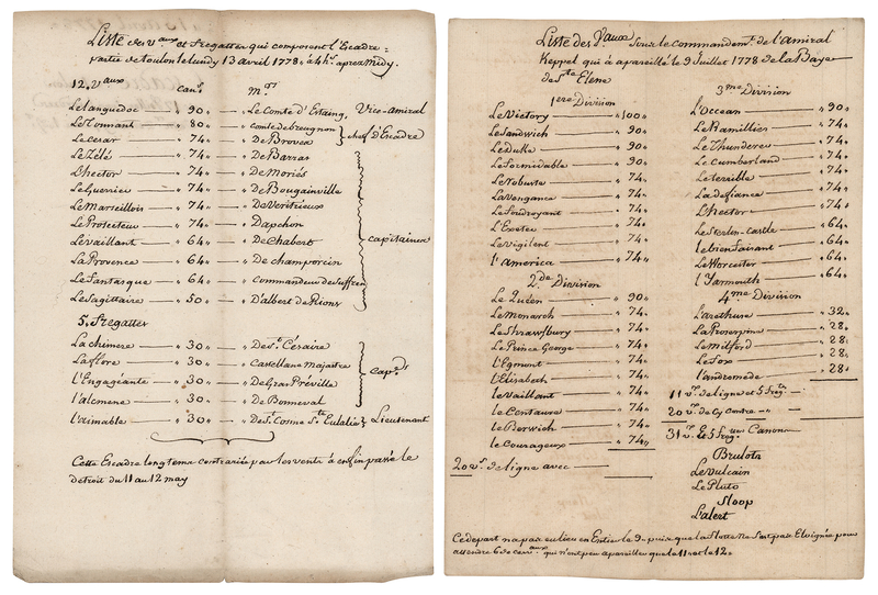 Lot 339 [Charles Henri Hector, Count of Estaing] Revolutionary War?Era French and English Fleet Strength Manuscripts