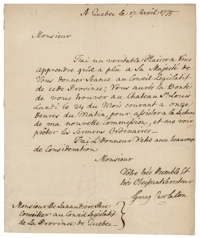 Lot 327 Guy Carleton Letter Signed (1775), Two Days Before the Outbreak of Hostilities at Lexington and Concord
