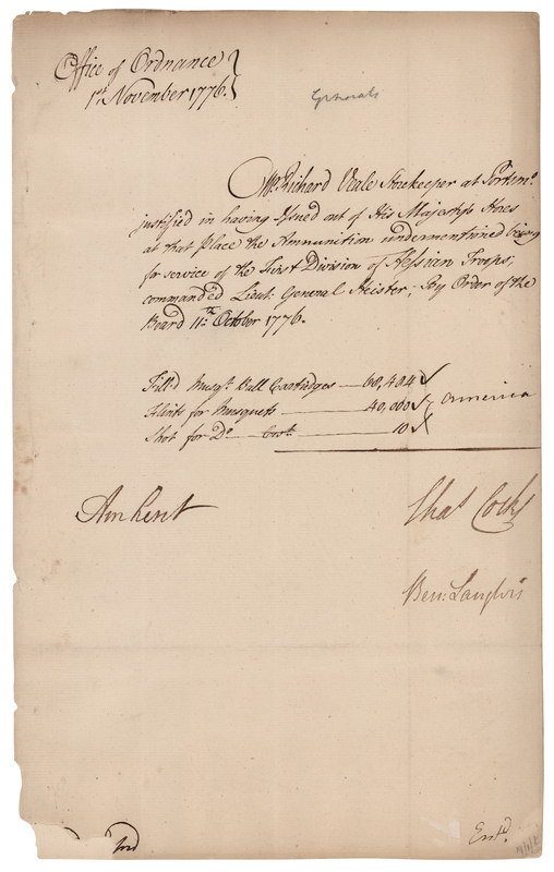 Lot 321 Lord Jeffrey Amherst Revolutionary War–Dated Document Signed, Issuing Arms to the First Hessian Troops Sent to America (1776)