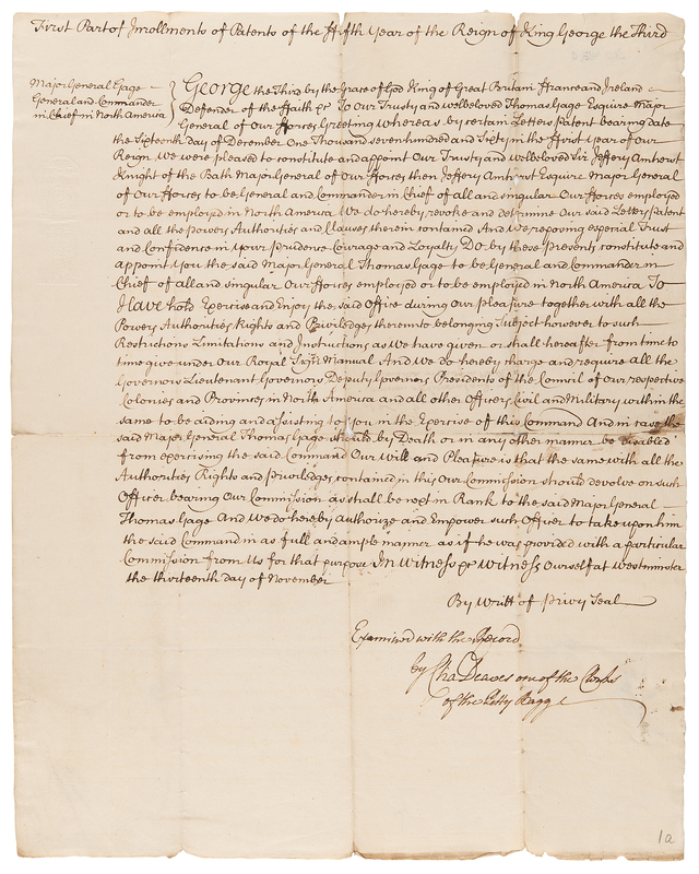Lot 270 Thomas Gage: True Copy Manuscript of Gage's Appointment as General and Commander in Chief in North America