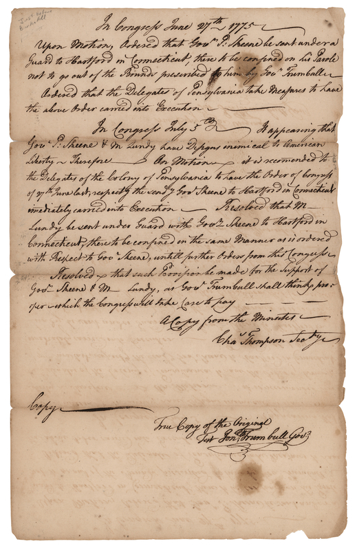Lot 260 Jonathan Trumbull Revolutionary War–Dated Autograph Document Signed (1775), on the Arrest and Confinement of Philip Skene