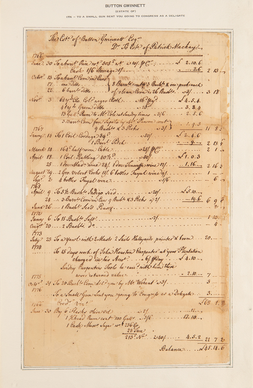 Lot 135 [Button Gwinnett] Estate Accounting Document (1786): 
