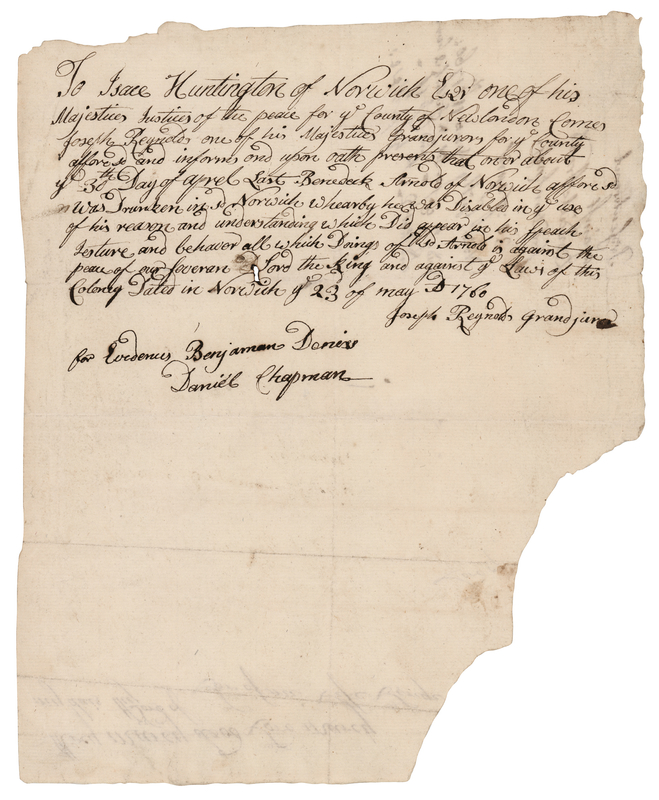 Lot 324 [Benedict Arnold III] Grand Jury Indictment for Public Drunkenness (1760)