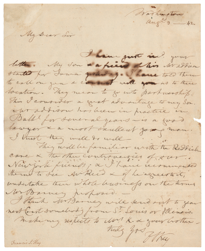 Lot 228 Francis Scott Key Autograph Letter Signed - Writer of the 'Star-Spangled Banner'