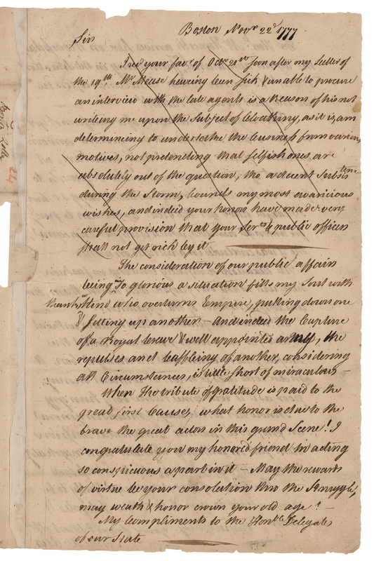 Lot 238 Samuel Otis Revolutionary War-Dated Autograph Letter Signed to Elbridge Gerry, Concerning Burgoyne's Surrender at Saratoga (1777), with Reference to John Hancock