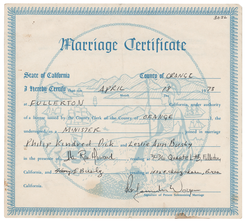Lot 471 Philip K. Dick Filled Out and Signed Marriage Certificate