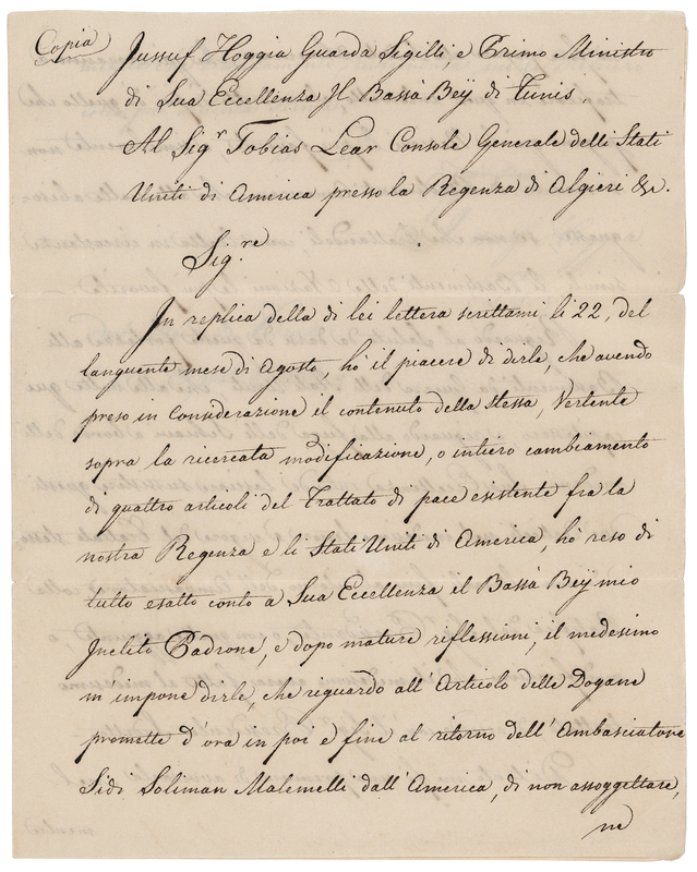 Lot 232 [Tobias Lear] Manuscript Copy of a Letter to Lear by Jusuf Hoggia, on Modifications to a Treaty with Tunis
