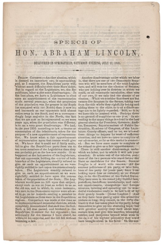 Lot 81 Abraham Lincoln Speech Pamphlet on Slavery and Equality (July 17, 1858) - A Prelude to the Lincoln-Douglas Debates