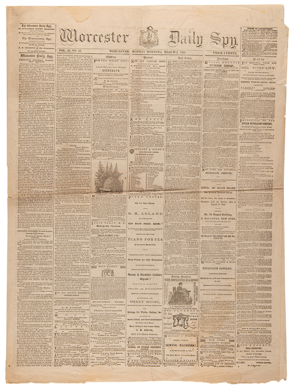 Lot 330 Civil War: The Worcester Daily Spy from March 6, 1865, with Abraham Lincoln's Second Inaugural Address: 