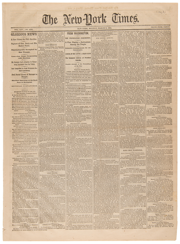 Lot 329 Civil War: The New-York Times from March 6, 1865, with Abraham Lincoln's Second Inaugural Address: 