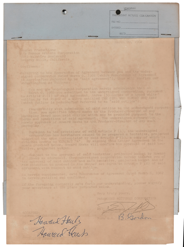 Lot 695 Howard Hawks Twice-Signed Movie Contract for Man's Favorite Sport?