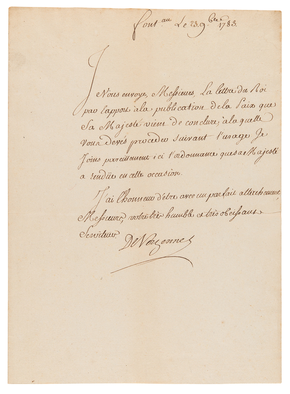 Lot 149 Charles Gravier, comte de Vergennes Letter Signed, Directing the Publication of the 1783 Treaty of Versailles, Ending the Revolutionary War as Part of the Peace of Paris