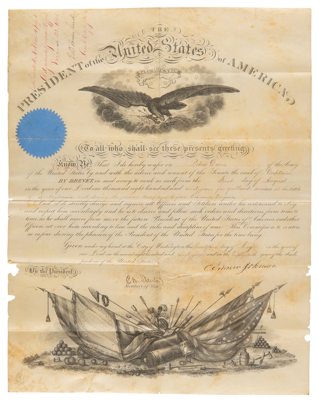 Lot 71 President Andrew Johnson Approves a Captainship for “gallant services at the battle of Spottsylvania”