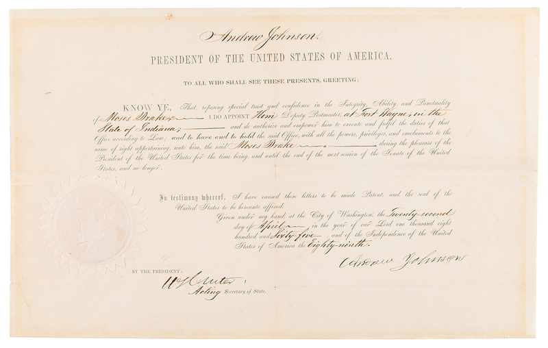 Lot 72 Andrew Johnson Document Signed as President