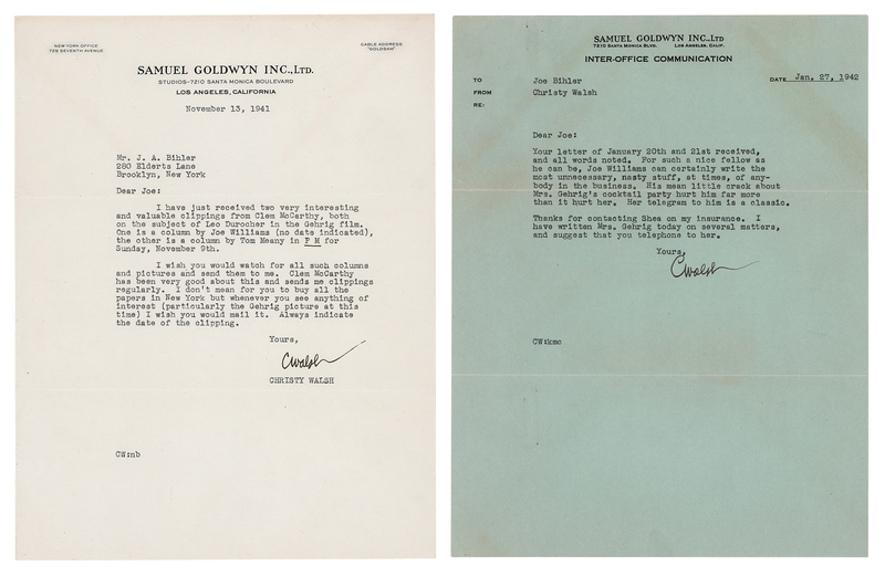 Lot 823 Christy Walsh (2) Typed Letters Signed, Requesting News Clippings on Lou Gehrig