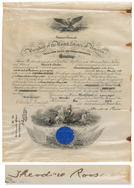 Lot 108 Theodore Roosevelt Document Signed as President