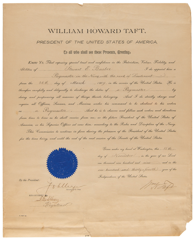 Lot 112 William H. Taft Document Signed as President