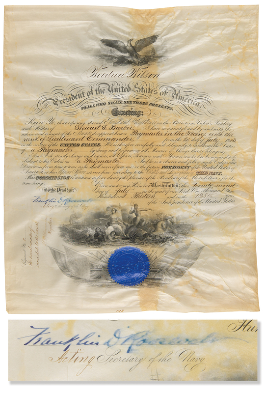 Lot 130 Woodrow Wilson and Franklin D. Roosevelt Document Signed as President and Acting Secretary of the Navy