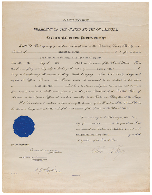 Lot 49 Calvin Coolidge Document Signed as President