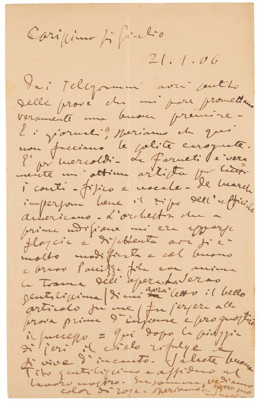 Lot 484 Giacomo Puccini Autograph Letter Signed on the Premiere of Madame Butterfly