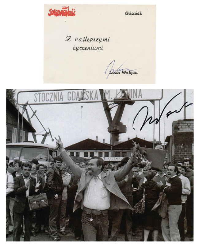 Lot 262 Lech Walesa (2) Signed Items - Photograph and 'Solidarity' Sheet