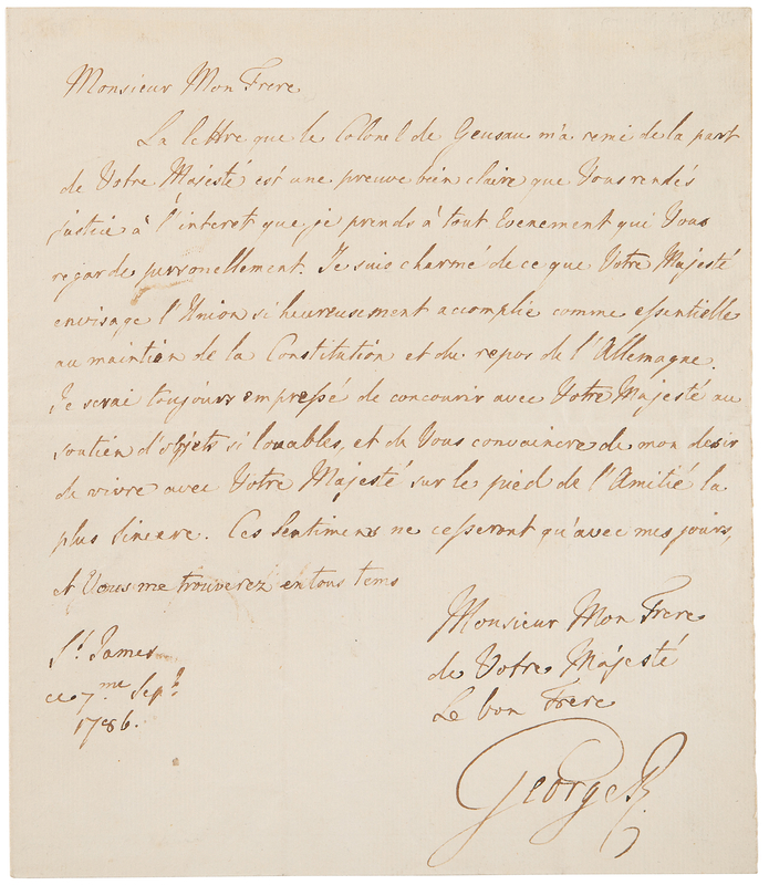 Lot 150 George III Autograph Letter Signed to the New King of Prussia - Rare 'King to King' Correspondence