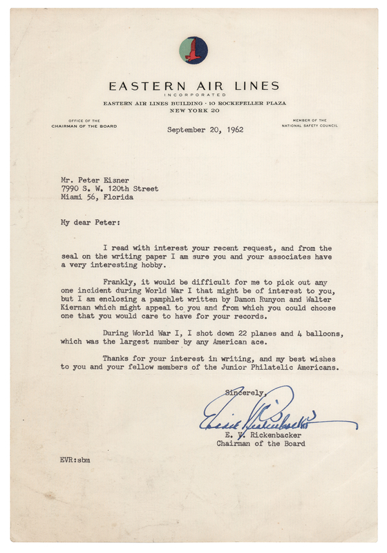Lot 367 Eddie Rickenbacker Typed Letter Signed on His WWI Achievements