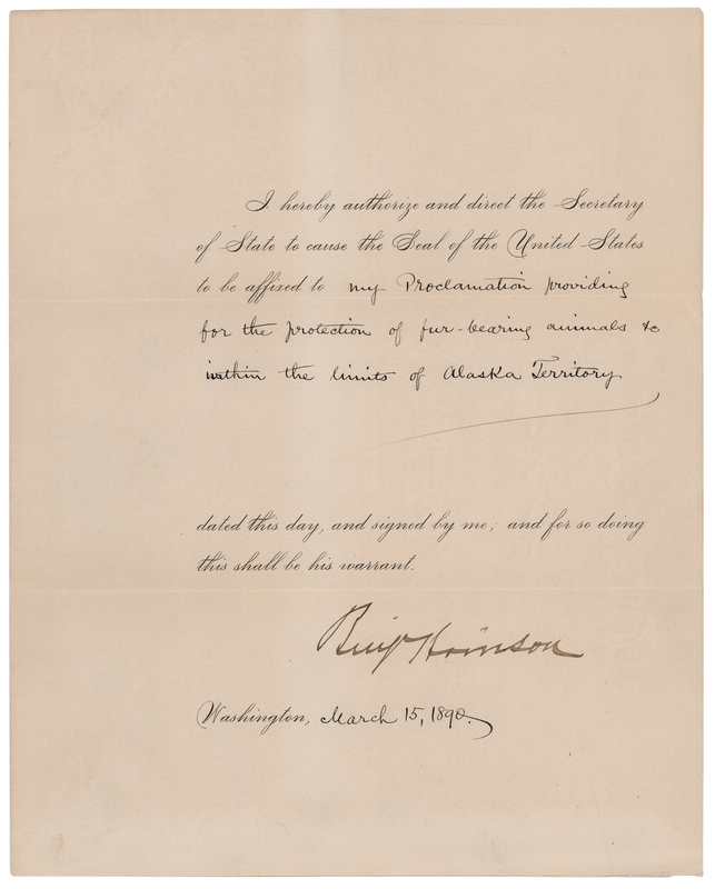 Lot 62 President Benjamin Harrison Provides Protection of Fur-Bearing Animals in Alaskan Territory