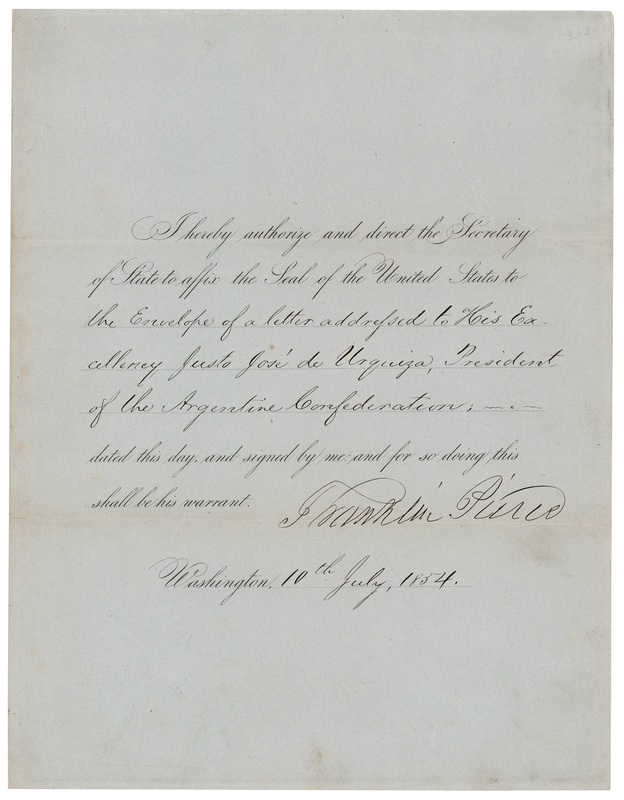 Lot 94 President Franklin Pierce Sends a Letter to the New President of Argentina